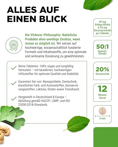 vit4ever Ginkgo + Ginseng - 365 Tabletten - Spezial Extrakt - Hochdosiert - Laborgeprüft - Ginkgo Biloba + Koreanischer Ginseng - Premium Qualität - Vegan
