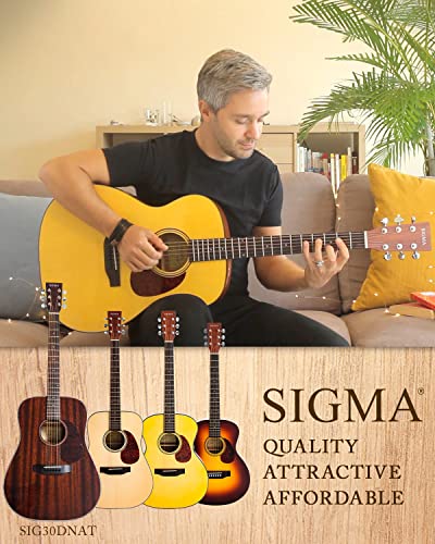 Sigma 41” Acoustic Guitar, Dreadnought, 4/4 Full-Size, With Name Brand Exp16 Strings, Solid Mahogany Top, Natural Gloss, Mahogany Back & Sides, Right(30D) #TOP5