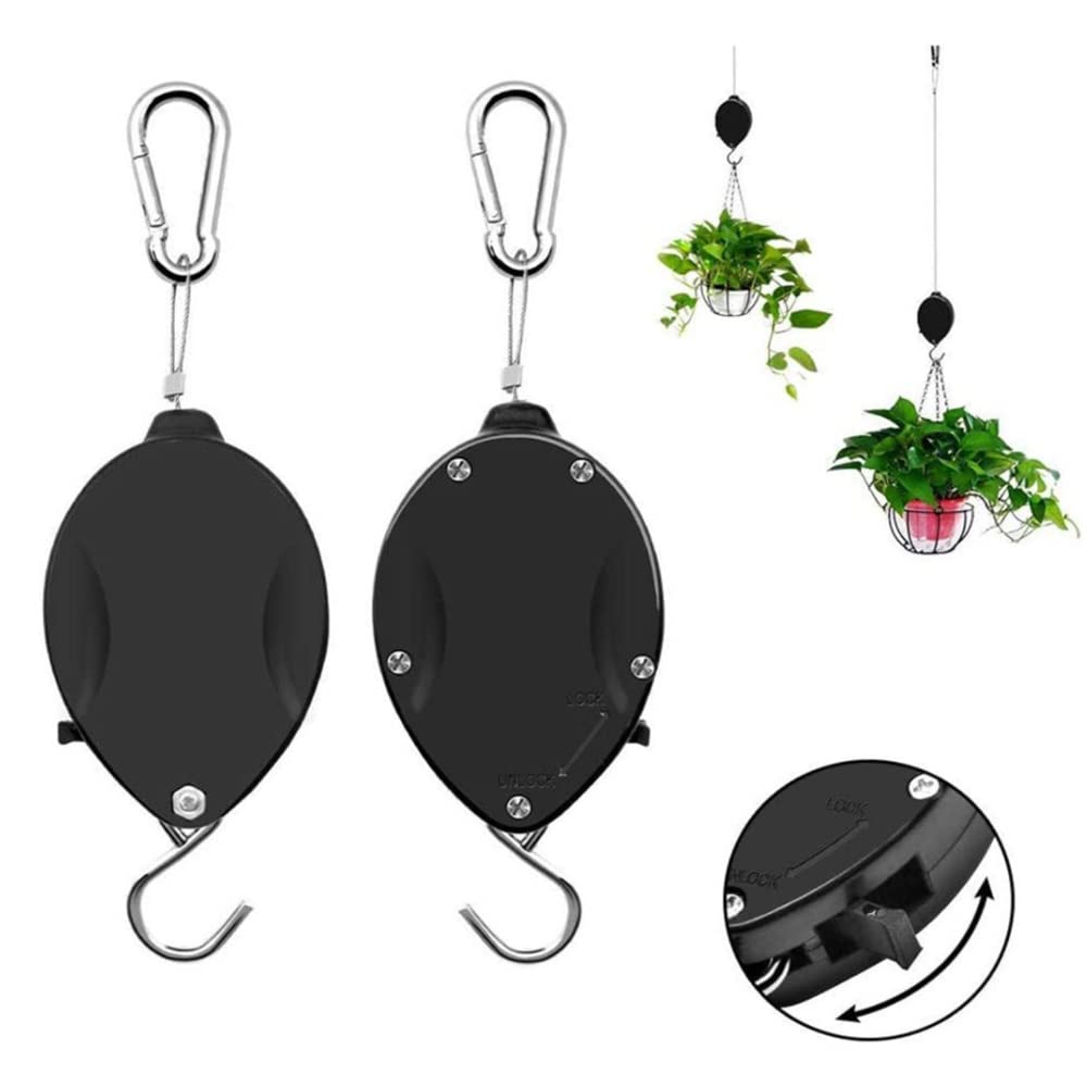 2Pcs Retractable Plant Pulley Hanger with Metal Ceiling Hooks, Adjustable Heavy Duty Plant Pulleys for Hanging Plants Garden Flower Basket Pots Bird Feeder, Auto Lock, Easy to Raise and Lower