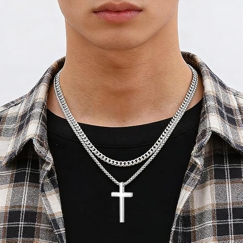 weryerker 2 Pieces Cross Necklace for Men, Layered Choker Necklace Cross Pendant Stainless Steel Chains for Men Jewelry Gift - Image 4