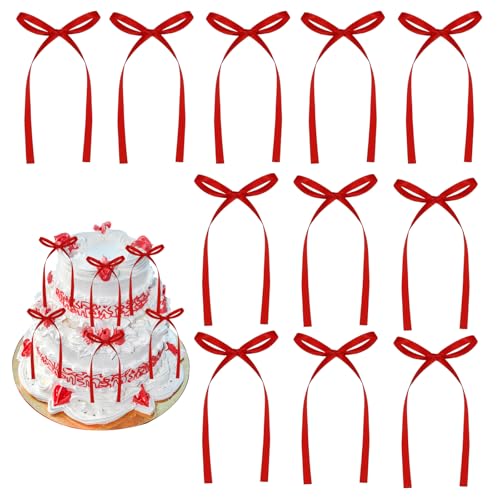 30Pcs Bow Cake Toppers Ribbon Bows for Cake Red Bow Ribbons for Coquette Themed Bow Decorations for Bachelorette Graduation Party Cupcake Baby Shower Birthday Wedding Fathers Day Party Supplies