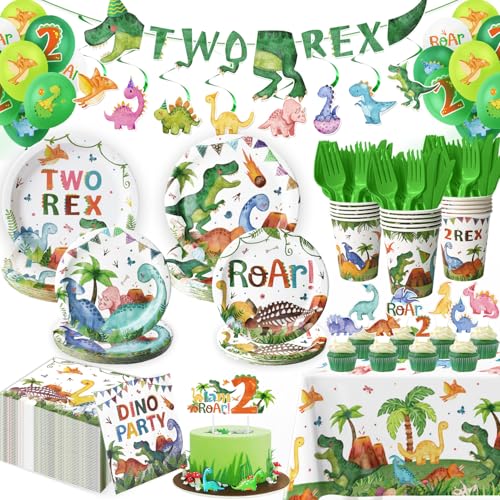 2nd Birthday Dinosaur Party Supplies Set - 197 Pcs for 24 Guests 2-Rex Theme Decorations with Banner Balloons Tableware & Cake Toppers