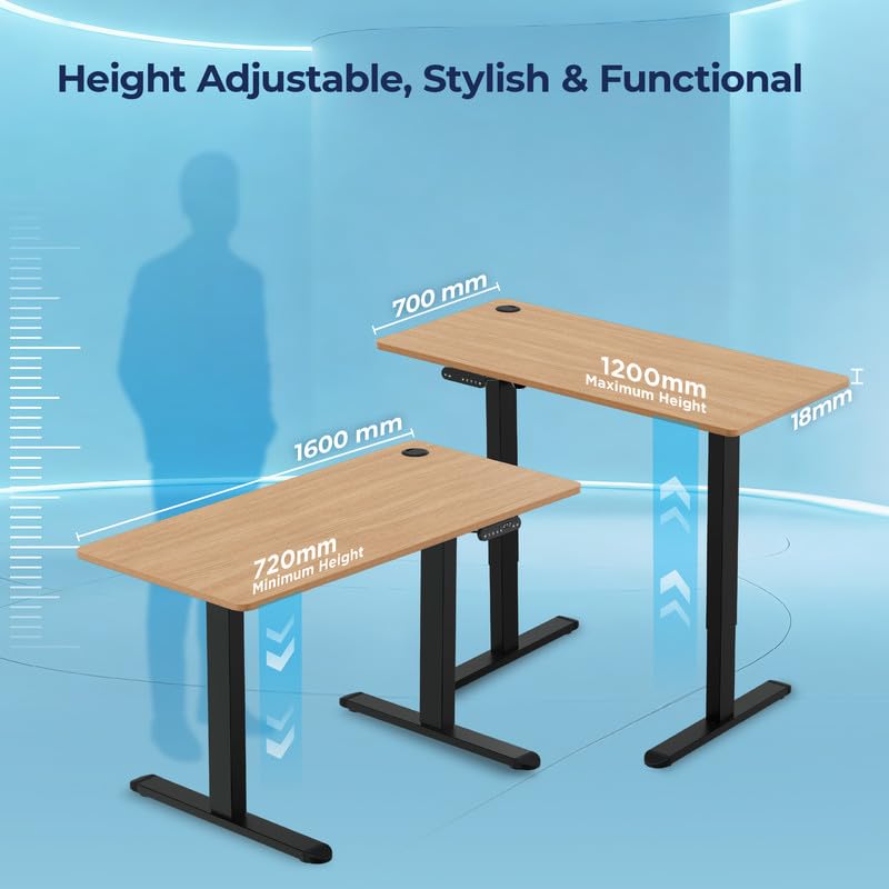 Image of The Sleep Company - AeroPlus Electric Height Adjustable Desk | Ergonomic Work from Home Table | 4 Memory Presets | 2 Years Warranty | 1600 x 700 Thick Top | Free Installation | Oak & Black