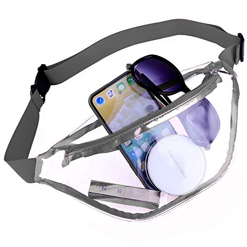 Fashion Clear Fanny Pack Clear Bag Stadium Approved Transparent PVC Waist Bag Sling Crossbody Bag for Concerts Football Games Travel Beach Christmas and Daily Use (Grey)