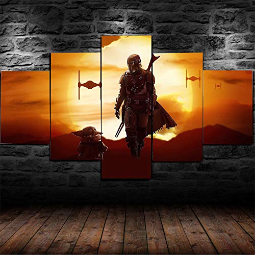 IIIUHU Impression sur Toile intissee 150x80cm 5 Parties XXL Tableaux Decoration Murale Star Wars Baby Yoda Mandalorian Maison Salon Bureau Mordern Décor HD Affiche Mur...