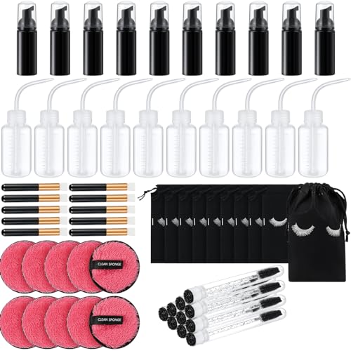 Dansib 60 Pcs Lash Shampoo Brushes Set 10 Lash Shampoo Brushes 10 Mascara Tubes and Wands 10 Foam Pump Bottle 10 Cleaning Rinse Bottles 10 Makeup Remover Pad 10 Aftercare Drawstring Bag(Black)