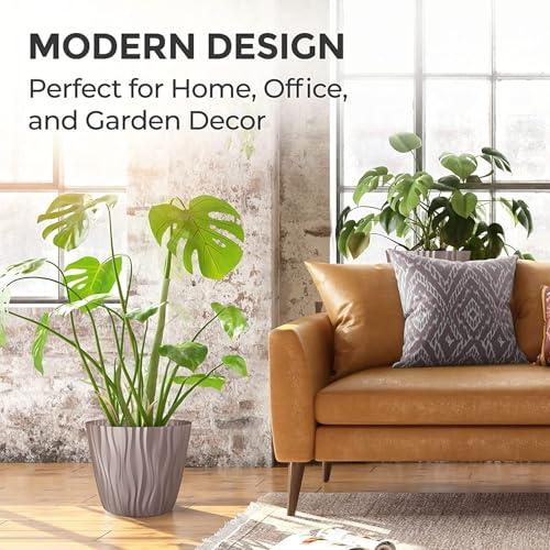 Image of StyleX Store Plastic Round Flower Pots with Drainage Hole Saucers | Durable Outdoor Indoor Wave Pattern Planters with Tray | Plant Container for Balcony, Garden, Office, and Home (Set of 5, Choclate)