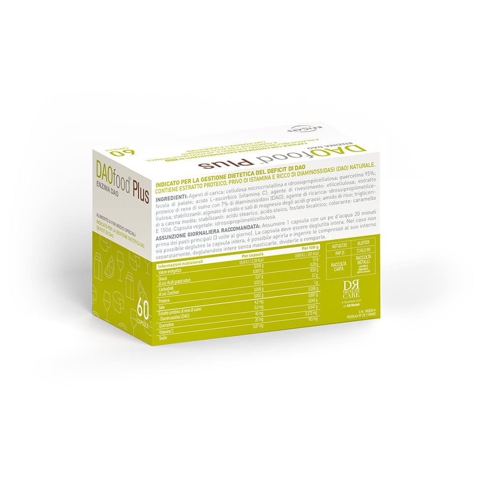 DR Healthcare - DAOfood Plus - Enzima DAO - Quercetina e Vitamina C - Contribuisce all’Equilibrio dell’Istamina Alimentare - 60 Capsule con Mini-Compresse Gastroresistenti di DAO