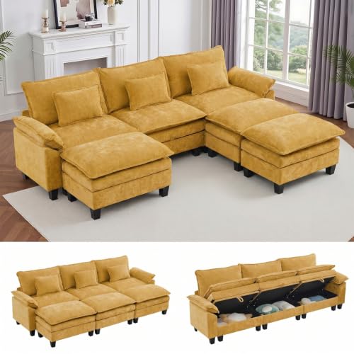 Image of IPKIG 117 inch Modular Cloud Couch with Storage, C Shaped Sectional Sofa | 3 Seater Yellow Chenille Deep Seat Sectional Couches with Ottoman and Pillow for Living Room, Apartment