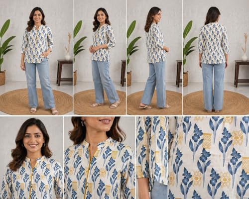 Image of VEDANEE FASHION'SWomen's Floral Print Tunic, Blue and Yellow, Zip Neck, 3 /4 Sleeves, Casual Kurta Style Top