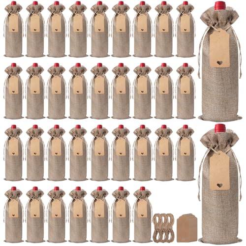 36 Pcs Burlap Wine Bags with Drawstring Bottle Gift Bags with Tags 5.9 x 13.8 Reusable Burlap Wine Bottle Cover for Wedding Birthday Blind Tastings Christmas Travel Party Storage (Brown)