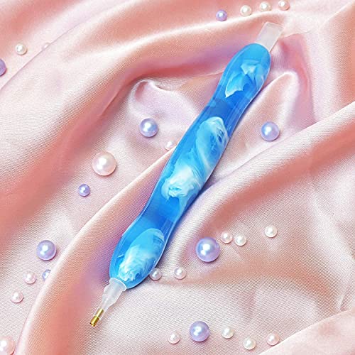 Diamond Painting Pen,Ergonomic Resin Diamond Art Tools and Accessories with Wax and Tips,Handturned Diamond Art Pen,Comfort Grip and Faster Drilling (White Blue)