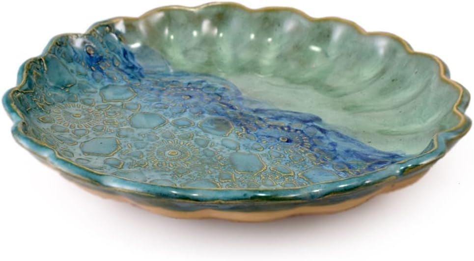 American Made Stoneware Pottery 11" Round Wave Platter, Ocean Lace Pottery Collection