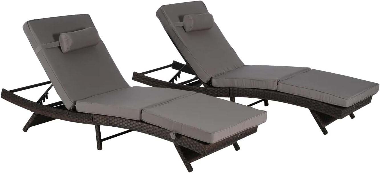 Two tectake garden loungers with grey cushions, one in a reclined position and one in a flatter position.