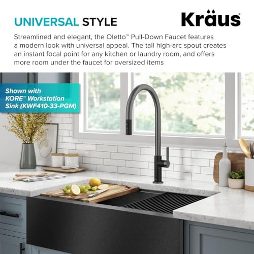 Image of KRAUS Oletto High-Arc Single Handle Pull-Down Kitchen Faucet in Matte Black /Spot Free Black Stainless Steel, KPF-2821MBSFSB