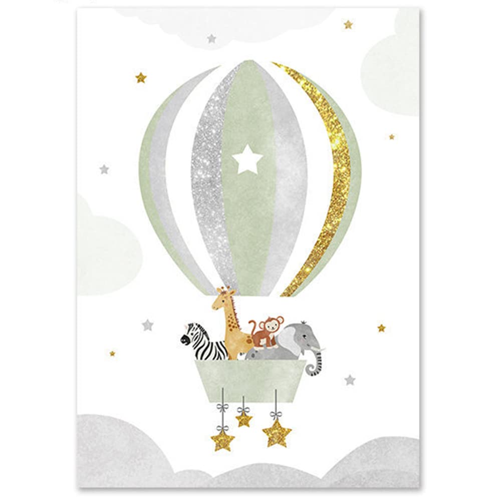 3 Laminas Animales Infantil Arco Iris Globo Aerostático Poster Nombre Bebe Boho Verde 30 x 40 León Jirafa Elefante Cuadro Personalizado Niño Niña Decoración Pared Regalo sin Marco (YHH018-30x40cm)