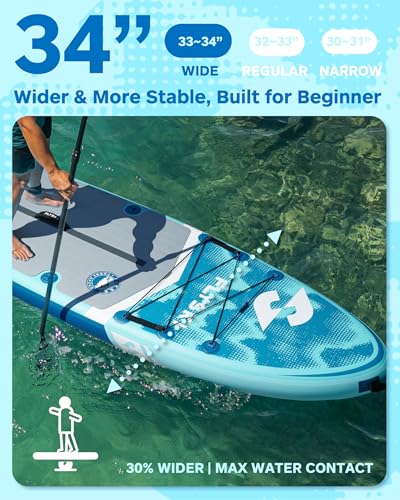 Image of Flyski 11'x34 Ultra Wide Paddle Board, Inflatable Paddle Board&420lb Capacity for All Skill, Inflatable Paddle Board for Adults, Yoga /Family /Fishing Paddle Board, Anti-Slip Deck, US Fin, Pump,100L Bag