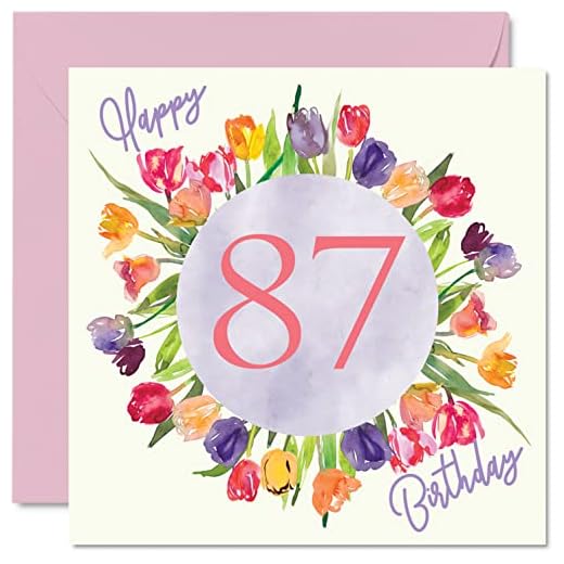 Hermosas tarjetas de cumpleaños 87 para mujer, ramo de flores de tulipanes de acuarela, tarjeta de feliz cumpleaños para ella, abuela, niñera, 145 mmx145 mm, bonitas tarjetas de felicitación florales