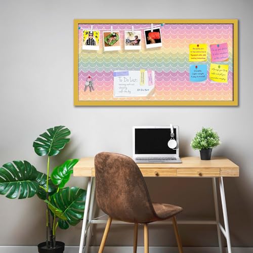 Image of ArtzFolio Wavey | Bulletin Board Notice Pin Board | Vision Soft Board Combo with Thumb Push Pins & Sticky Notes | Golden Frame | 24 x 12 inch (61 x 30 cms)