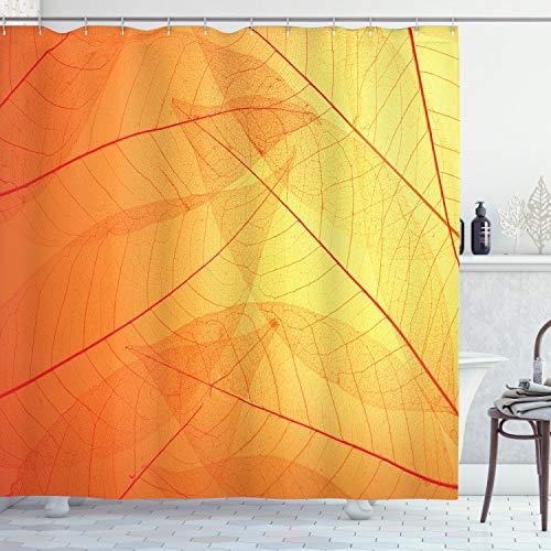 ABAKUHAUS Orange Shower Curtain, Autumn Nature Fall Season Themed Dried Leaves with Skeleton Vivid Veins Close