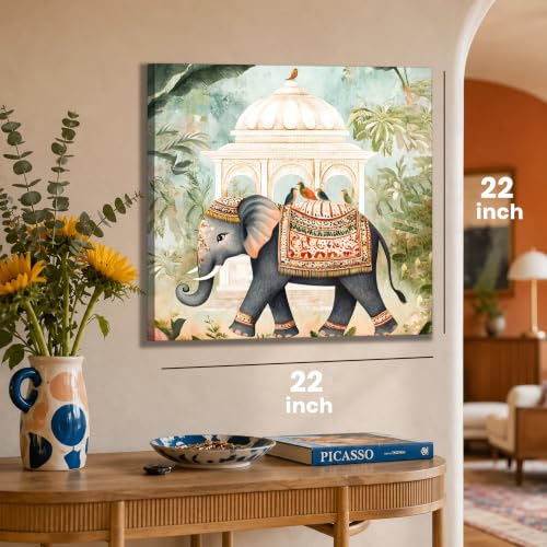 Image of PAINTINGMANTRA Classic Indian art Of Elephant in Mughal Garden | Canvas Painting Stretched on Wood | Suits For Living Room, Bedroom, Hallways (22x22 Inch)