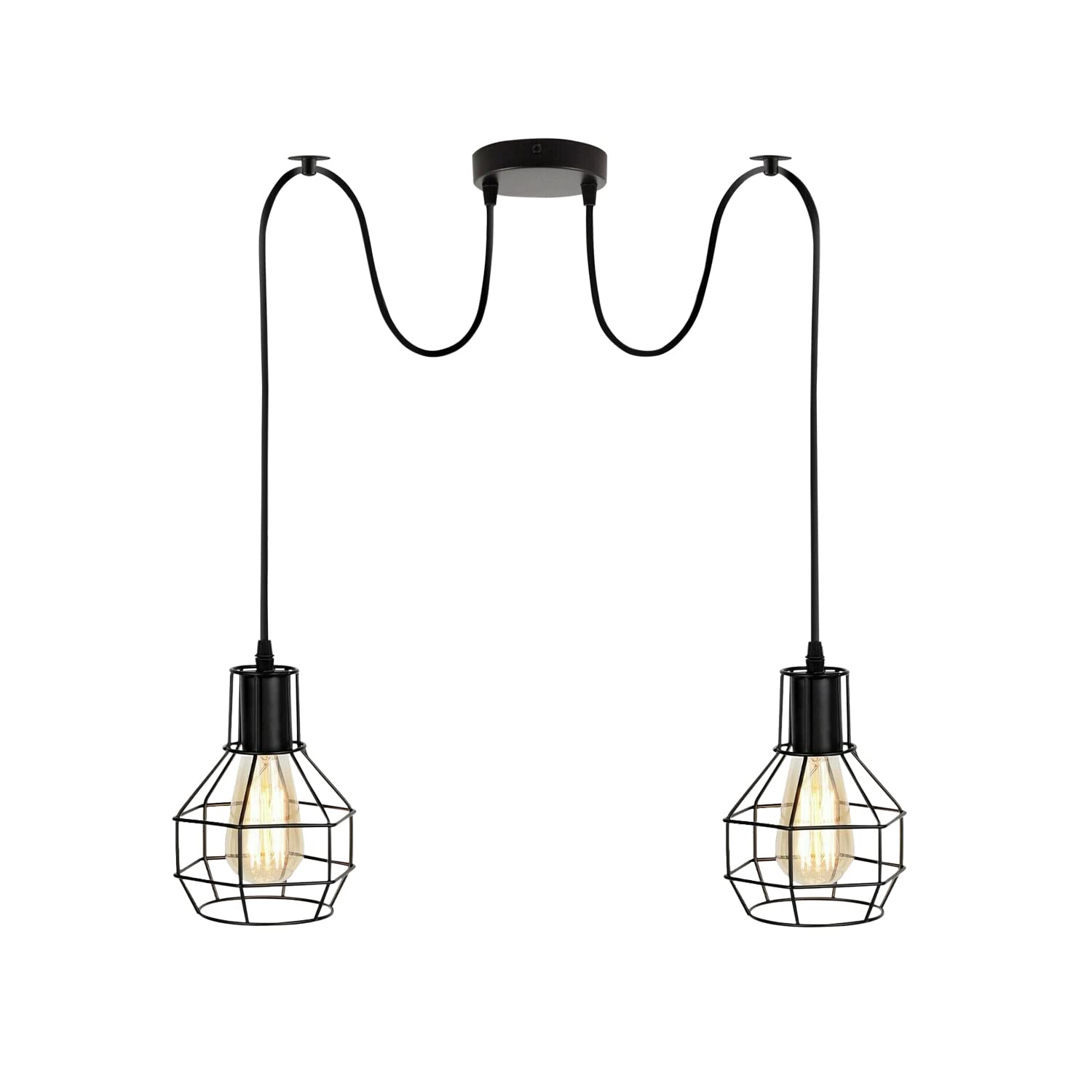 LEDSone Industrial 2 Way Ceiling Pendant Light – Black Inner White 15cm Wire Cage Lampshade Indoor Fitting for Home Décor, Kitchen, Living Room, Café, Improvement Essential