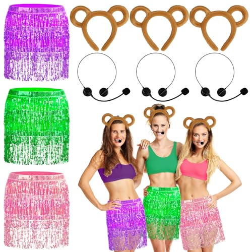 9 Pcs Halloween Animal Costumes Set Chipmunk Ears Headband Mouse Ears Sequin Skirt Fake Rock Star MJ Singer Microphone Halloween Animal Cosplay Costume for Women Adult Party Accessory