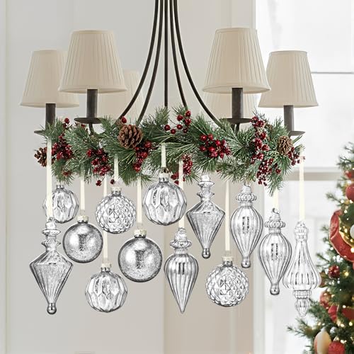 Thyle 14 Pcs Christmas Chandelier Garland Decorations 5.91 ft Artificial Pine Garlands With12 Pcs Mercury Glass Finials Balls Ornaments Ribbon for Xmas Fireplace Staircase Indoor Outdoor Decor(Silver)