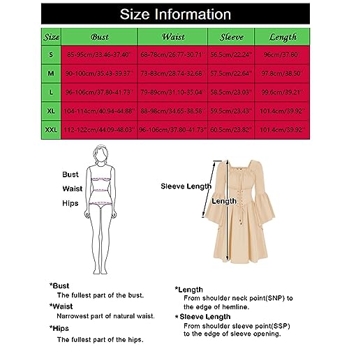Masbird Vestido medieval feminino renascentista, vestido medieval de manga comprida, decote quadrado