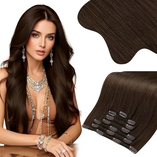 Moresoo Extension Cheveux Naturel Clip Maxi Volume Marron Chocolat Extension a Clip Cheveux Naturel Humain Remy Marron Foncé #4 55 cm 7 Pièces 150g
