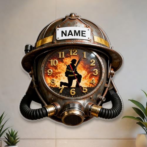 HCLRIU Horloge Murale Personnalisée avec Motif Casque De Pompier, Horloge Murale avec Nom...