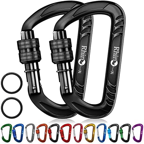 Rhino Produxs 2PCS of 12kN Heavy Duty Lightweight Locking Carabiner Clips; 3 Colors; Ideal for Securing Pets, Outdoor, Camping, Hiking, Hammock, Dog Leash Harness, Keychain, Water Bottle