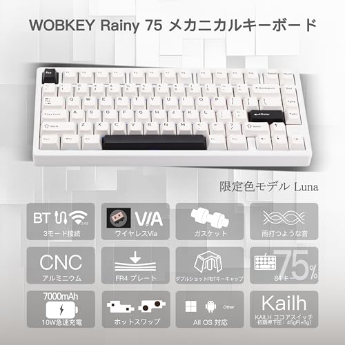 【WOBKEY Rainy 75キーボード】雨音のような打鍵音 メカニカルキーボード 3WAY接続 OS互換性 ホットスワップとVIAの対応 カスタマイズ性 ガスケットデザイン アルミニウム素材使用 RGBバックライト (限定色モデル Luna)