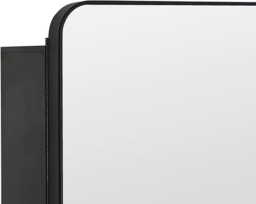 Miniatura 6 de Botiquín de baño negro con puerta redonda enmarcada y espejo de borde biselado de 22 x 20 pulgadas, empotrado o montaje en superficie, con estantes