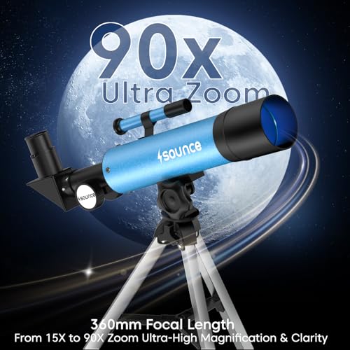 Image of Sounce 50 /360 HD Zoom Refractor Telescope 90X High Magnification, 360 Adjustable Tripod Stand, Clear Long Distance Viewing for Moon, Stars, Wildlife & Outdoor Exploration