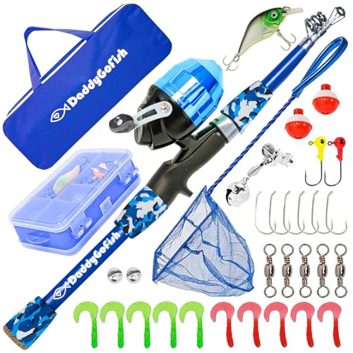 DaddyGoFish Kids Fishing Pole - Rod Reel Combo Tackle Box Starter Set - First Year Small Gear Kit for Boys Girls Toddler Youth Age Beginner Little Children (Essential Set Blue 5ft)