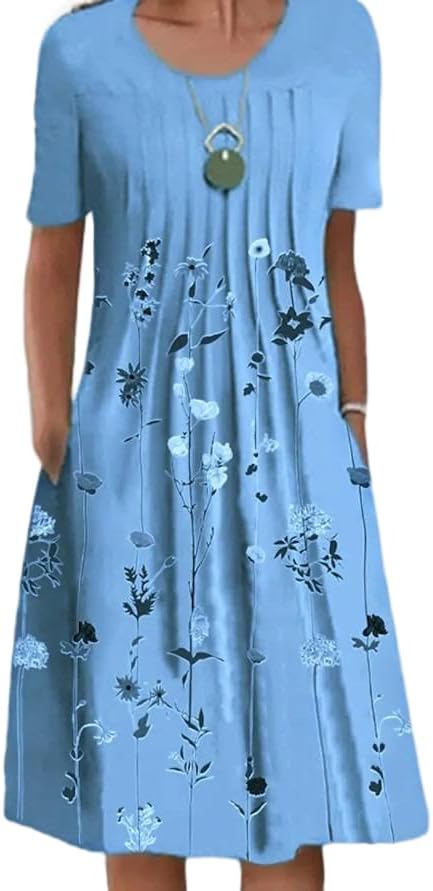 Bohemian Print Short-Sleeve Dress Mid-Length Dress with Pockets