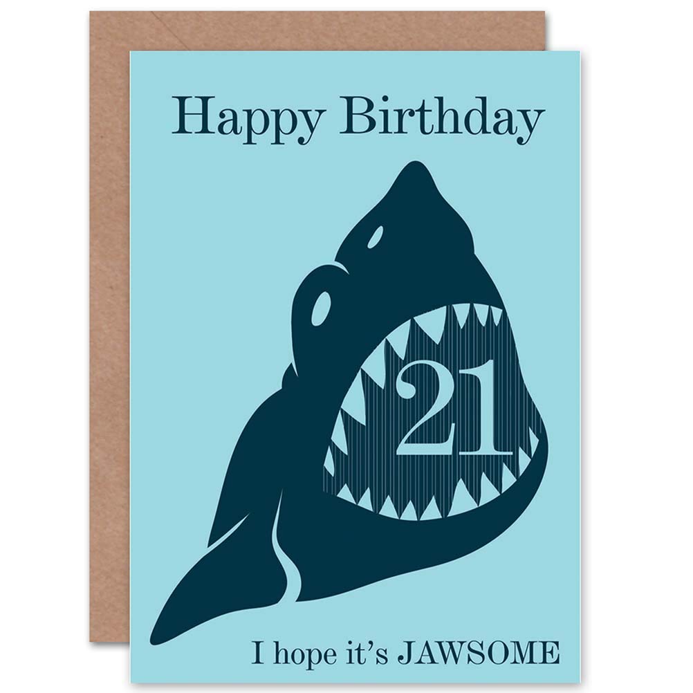 Wee Blue Coo BIRTHDAY HAPPY 21 YEAR SHARK JAWSOME FUN BOLD ART GREETINGS GREETING CARD