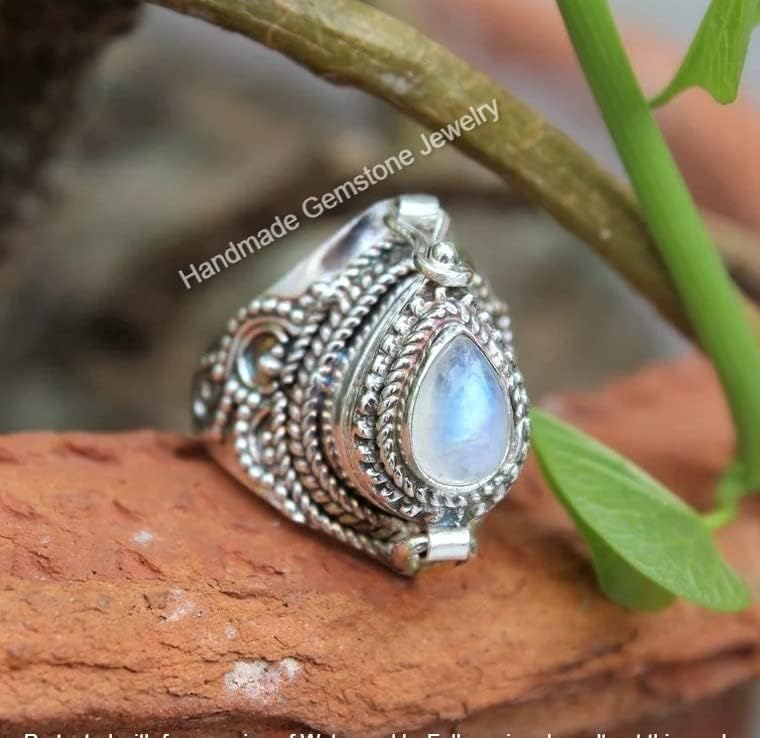 Natural Rainbow Moonstone Ring, Poison Box Ring, Teardrop Stone ~ Moonstone Ring, Blue Flash Moonstone Jewelry, June Birthstone Ring, Locket Ring, Antique Poison Ring, Secret Ring, Compartment Ring