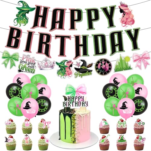 Hysagtek Witch Birthday Party Decorations Pink and Green Party Decorations Happy Birthday Banners Bows Cake Toppers Cupcake Toppers and Balloons Funny Princess Witch Theme Decor
