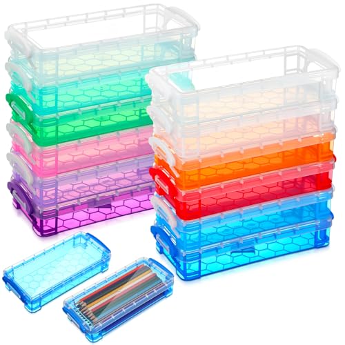 Image of Gueevin 12 Pcs Large Capacity Plastic Pencil Box Clear Plastic Pencil Case Crayon Box with Snap Tight Lid Watercolor Pen Storage Brush Organizer Drawing Tools Container (Mixed Colors)