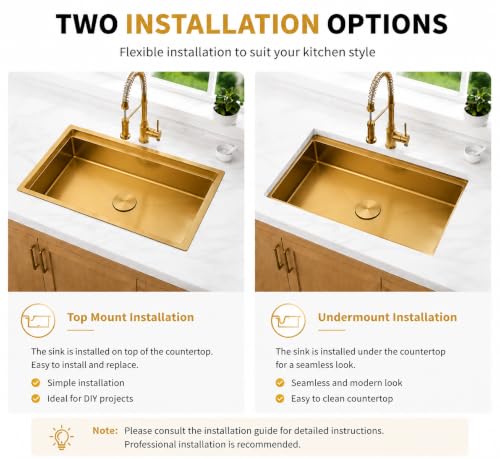 Image of Gold Undermount Kitchen Sink, 30 Inch 16 Gauge T304 Stainless Steel Sink