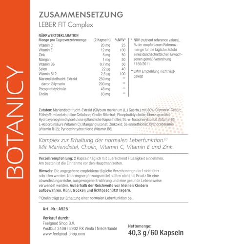 BOTANICY Leber Fit Complex - 60 Mariendistel Kapseln - Unterstützt Leber Funktion - 200mg Silymarin aus Mariendistel - Plus Cholin, Zink, Mangan, Selen und 4 Vitamine - Laborgeprüft in Deutschland