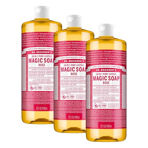 Image of Dr. Bronner's - Pure-Castile Liquid Soap (Rose, 32 ounce) - Made with Organic Oils, 18-in-1 Uses: Face, Body, Hair, Laundry, Pets & Dishes, Concentrated, Vegan, Non-GMO (Pack of 3)