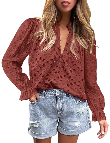 PRETTYGARDEN Women's Dressy Casual Blouse Tops Fall Spring Puff Long Sleeve Button V Neck Hollow Out Lace Embroidered Shirts