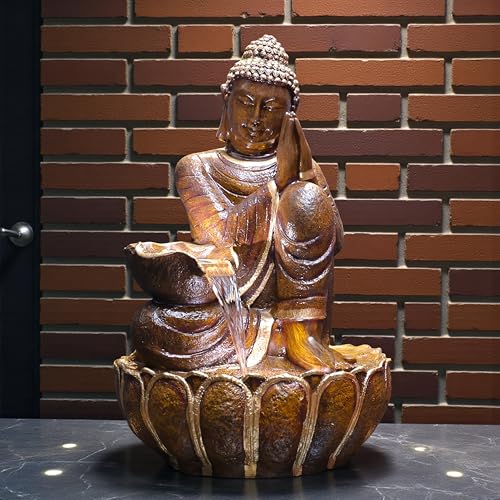 Image of 3 Feet Namaste Buddha Water Fountain for Home & Garden|Fiber Buddha Fountain with LED Light|Indoor Outdoor Fountain for Vastu & Positivity (Bronze, 3 Feet Namaste Buddha Fountain)