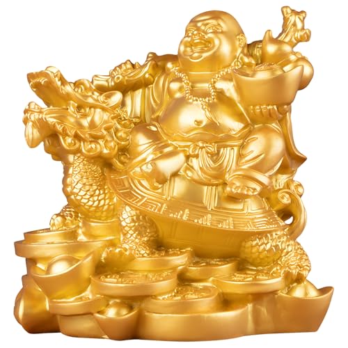 Machify Material de resina, estatua de Buda sonriente dorada, estatuas grandes de Buda para decoración del hogar, figura de Buda con diseño de tortuga dragón, ambiente tranquilo