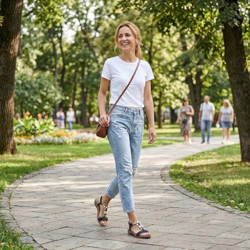 Image of Littleplum Women Sandals Arch Support Handmade Bohemian Braided Flat Sandals Comfort Walking Beach Ankle Elastic Summer Shoes