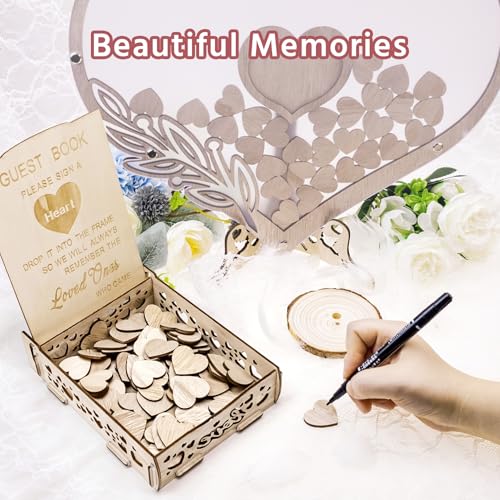 Image of Wedding Guest Book Alternative, Rustic Heart Shaped Wooden Guest Book with 100 Wooden Hearts Tree for Wedding Party Birthday, Personalized Wedding Decor with Guest Sign-In Box & Heart Frame for Photo