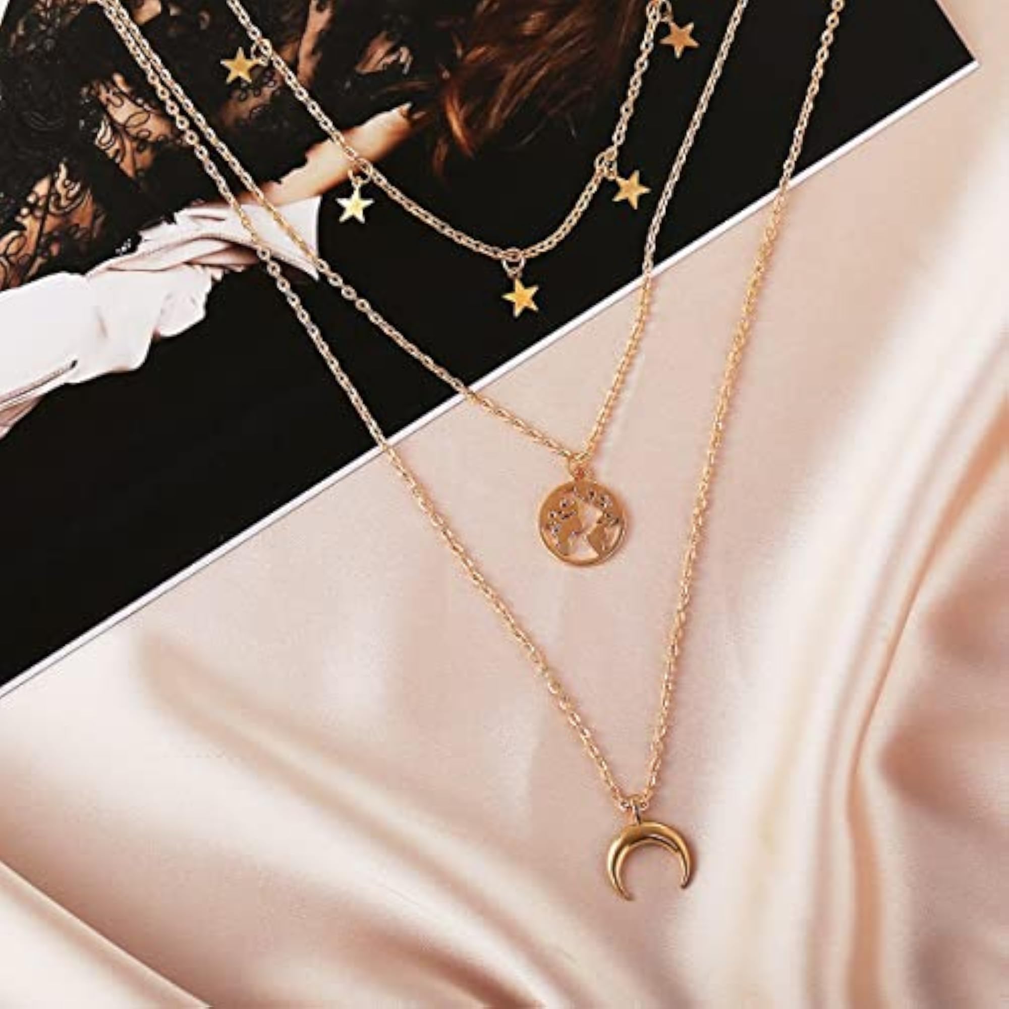 Glamorous Plated Triple Layered Moon Star Necklace